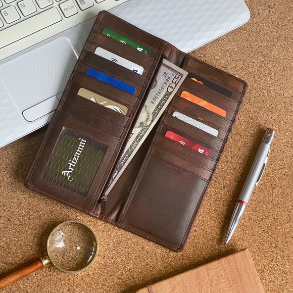Slim Men's Tall Full Grain Leather Long-Wallet Bifold Vintage Wallet Coffee - Picture 1 of 7